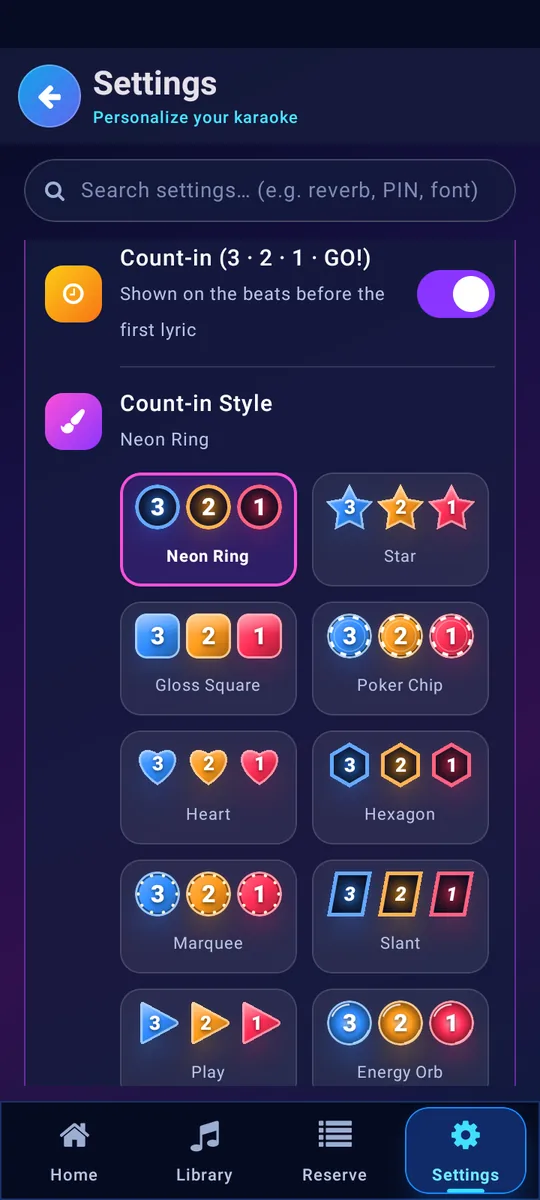Count-in style picker with 12 badge styles