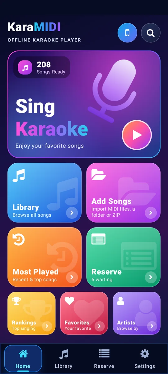 KaraMIDI home screen with Sing Karaoke, Library, Add Songs and Reserve