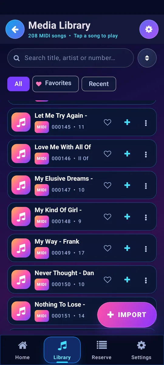 Library with search, favorites and song numbers