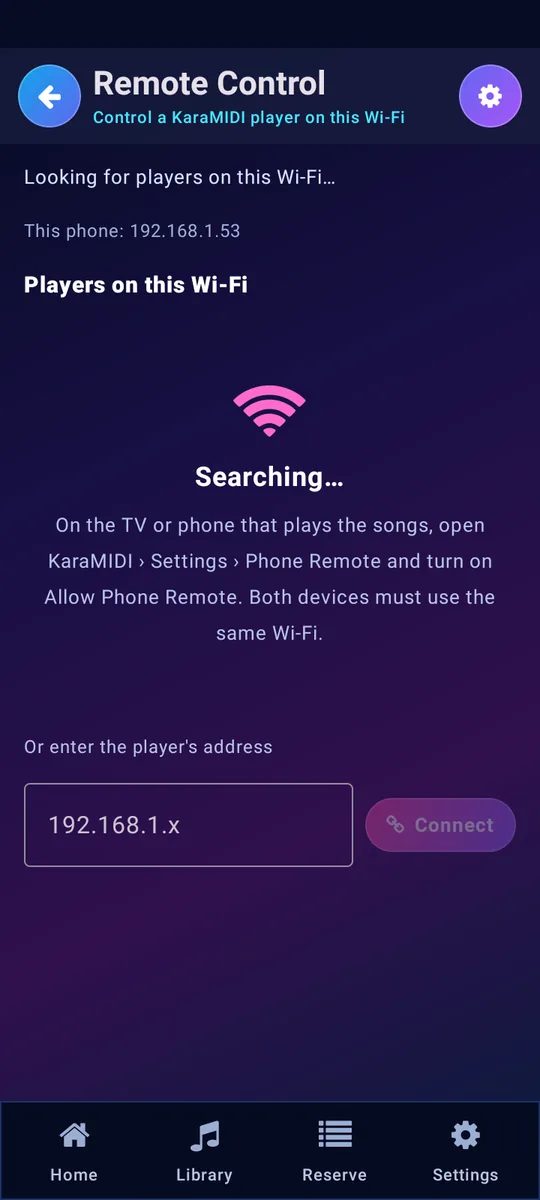 Phone remote looking for a KaraMIDI player on Wi-Fi