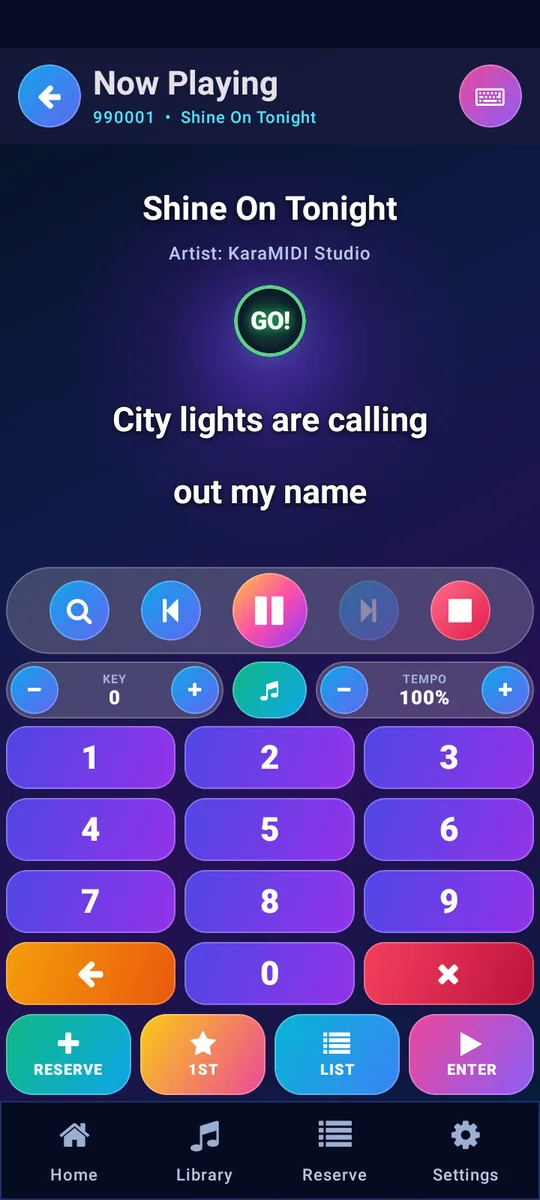 Karaoke screen with lyrics, key and tempo controls and number keypad