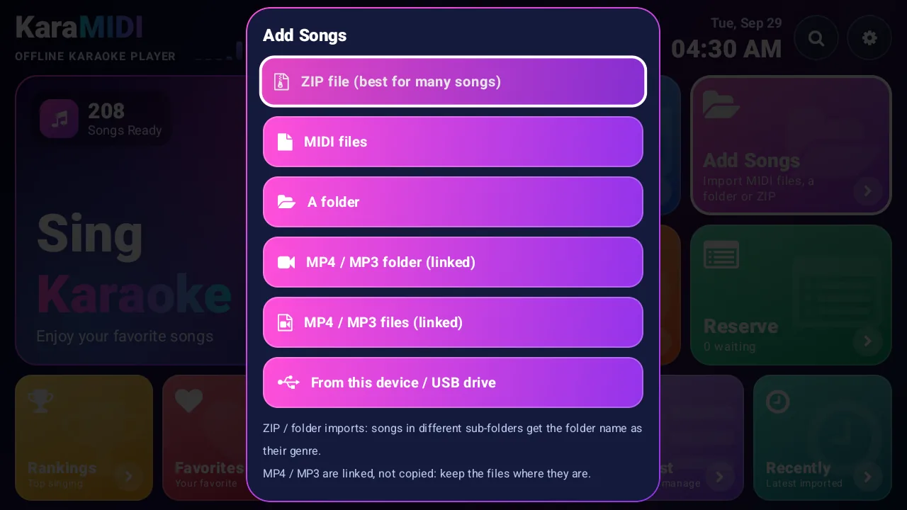 Add Songs on Android TV: ZIP, MIDI files, folder, MP4 / MP3 and USB drive