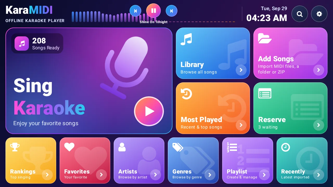 KaraMIDI on Android TV: home screen with large tiles